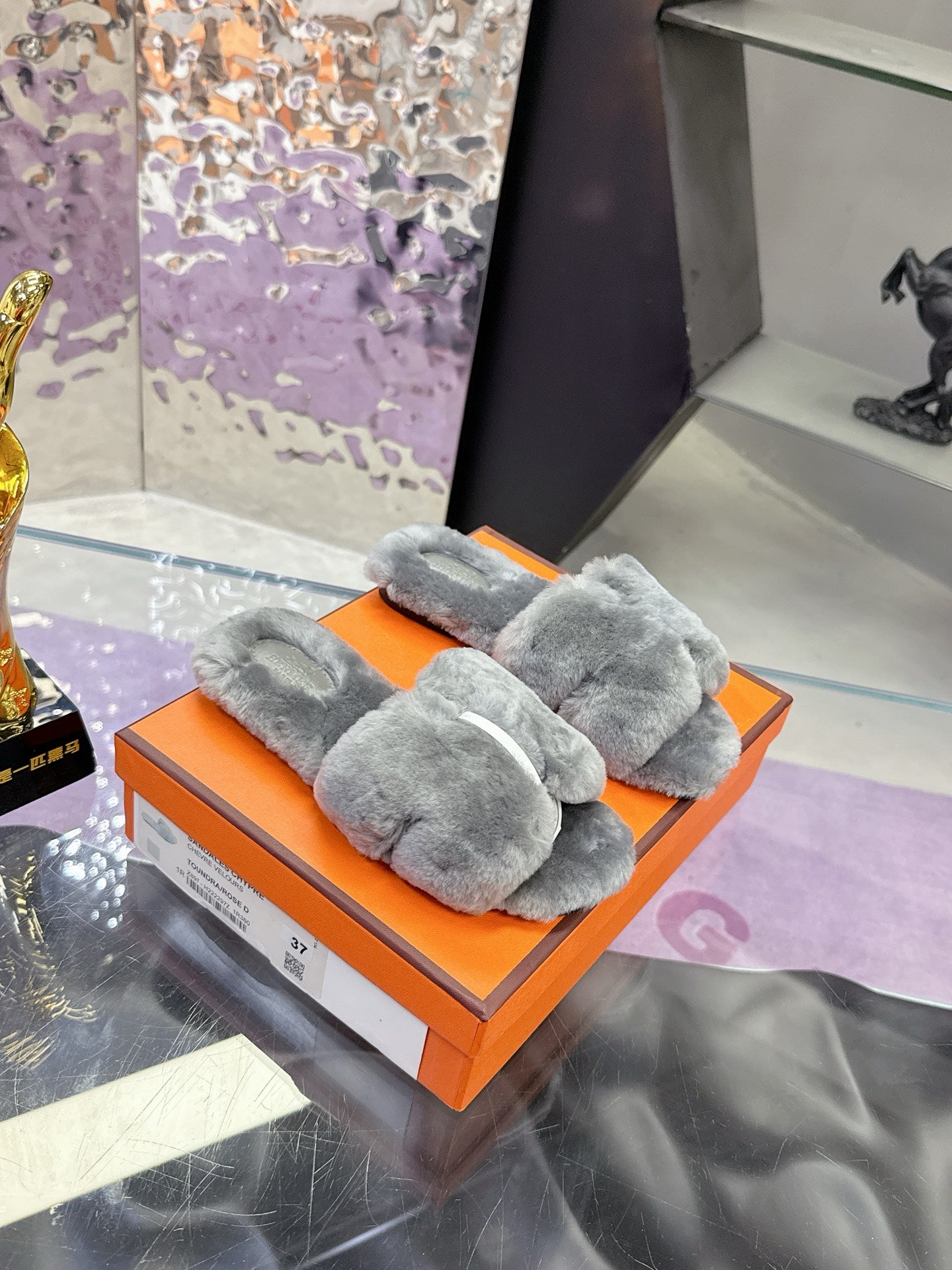 Hermes luxury shoes, grey furry double-strap slide on orange box