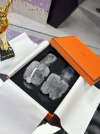 Hermes luxury shoes, grey plush slide with rounded toe and cushioned strap