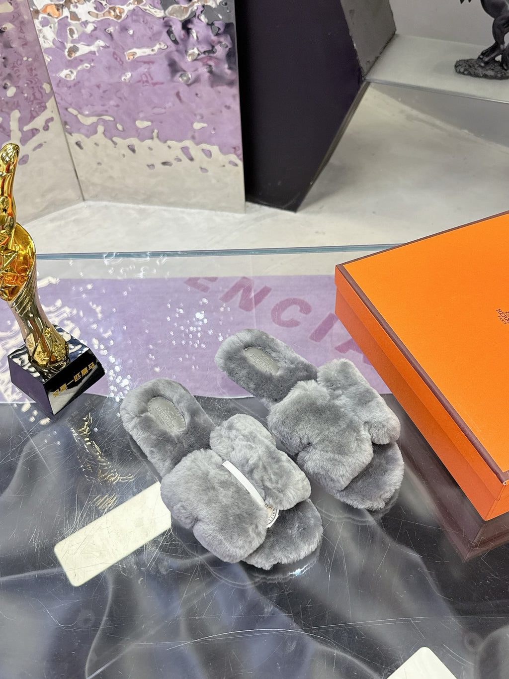 Hermes luxury shoes, grey plush slides pair on orange box