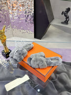 Hermes luxury shoes, grey fuzzy slip-on slide with rounded front