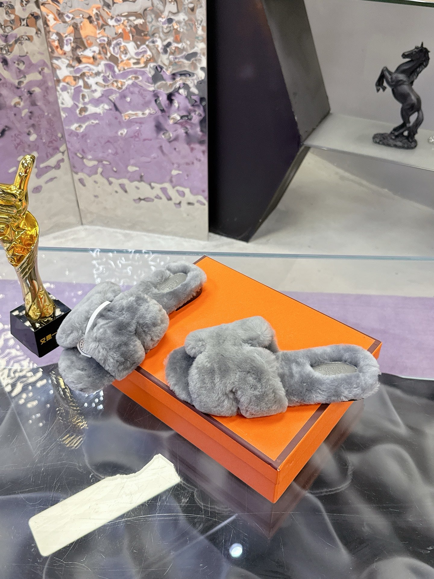 Hermes luxury shoes, grey fuzzy slip-on slide with rounded front
