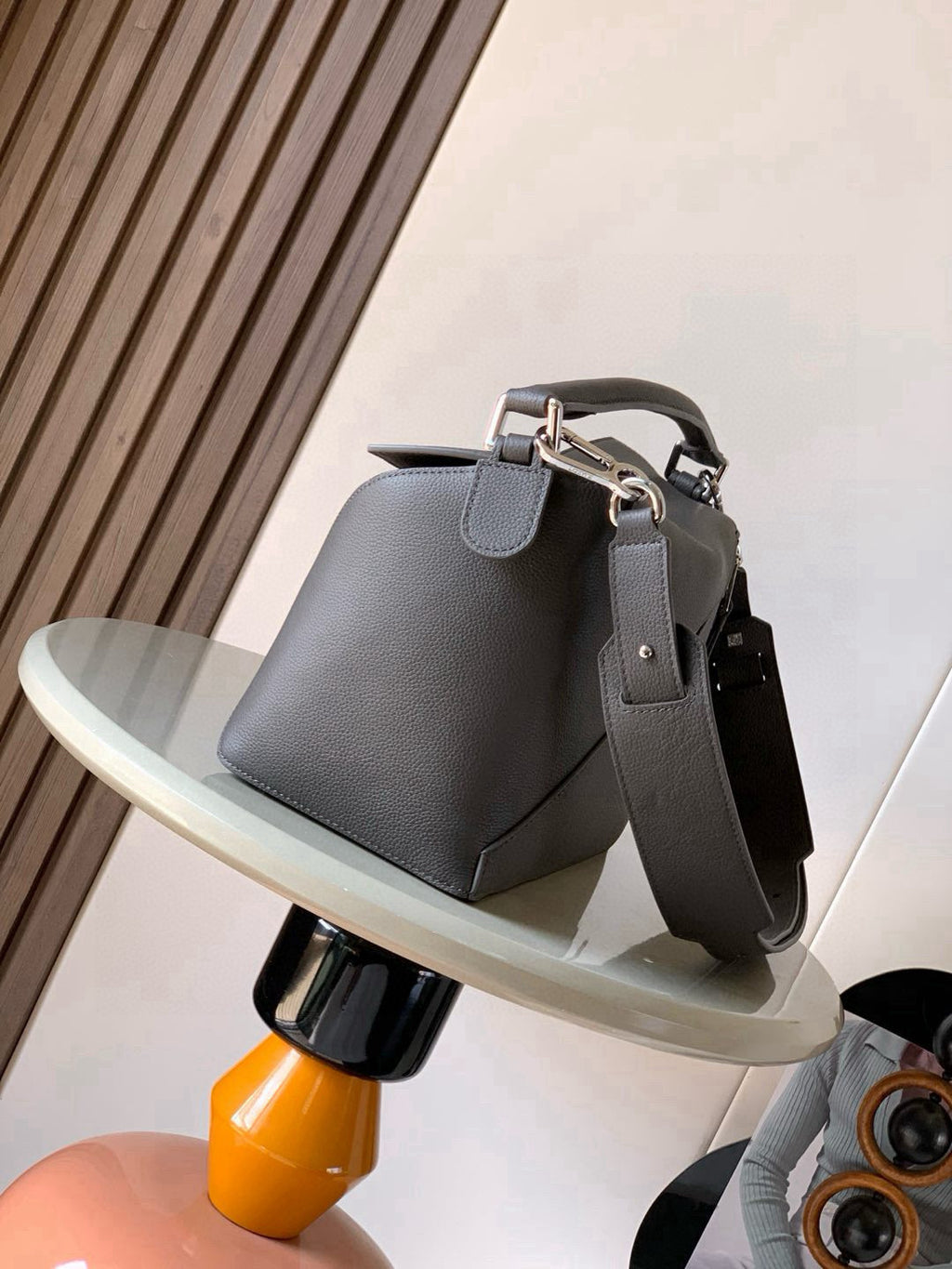 Loewe gray leather satchel bag with flap closure and silver-tone hardware