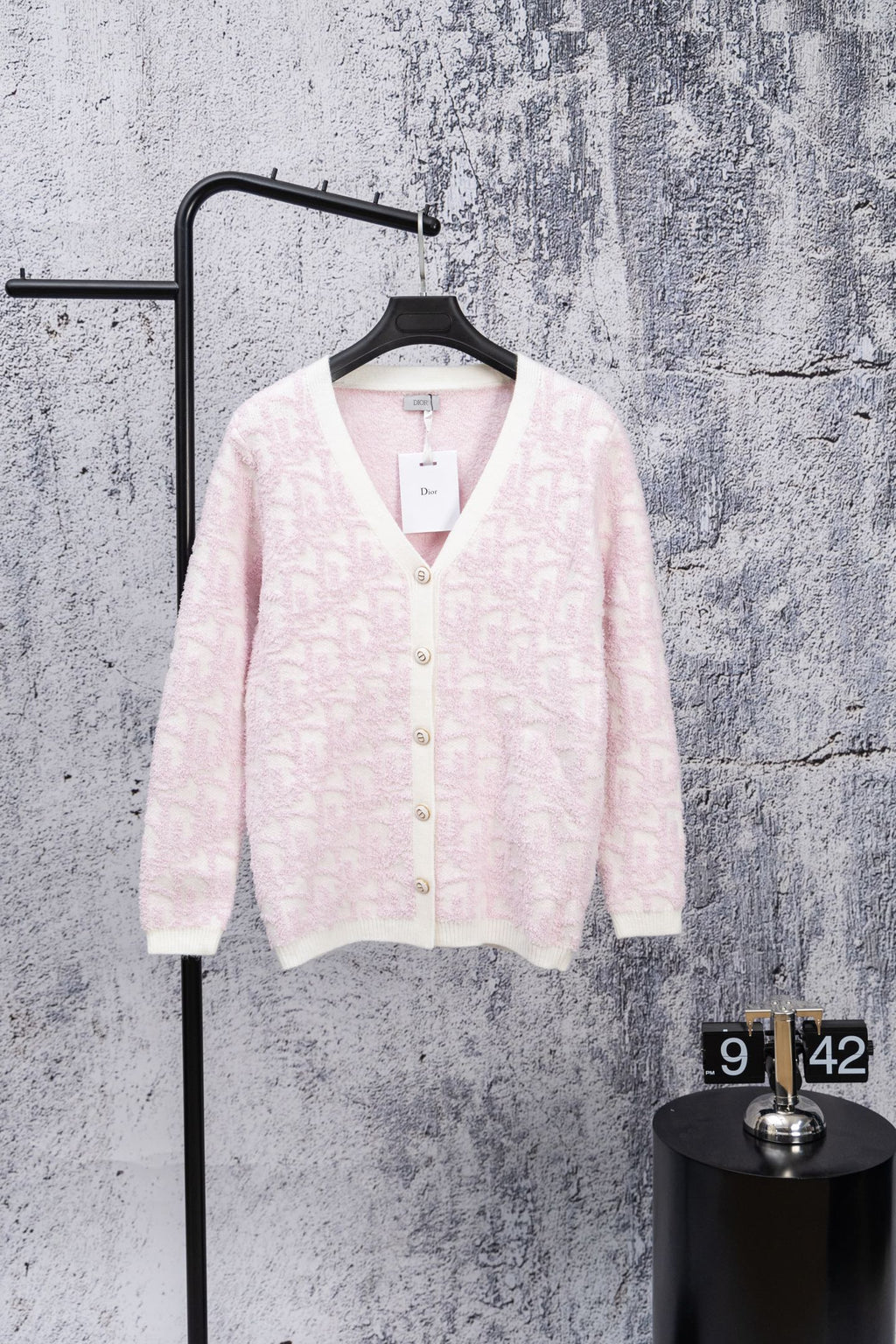 Dior long-sleeve cardigan, pale pink textured knit with button front and V-neck