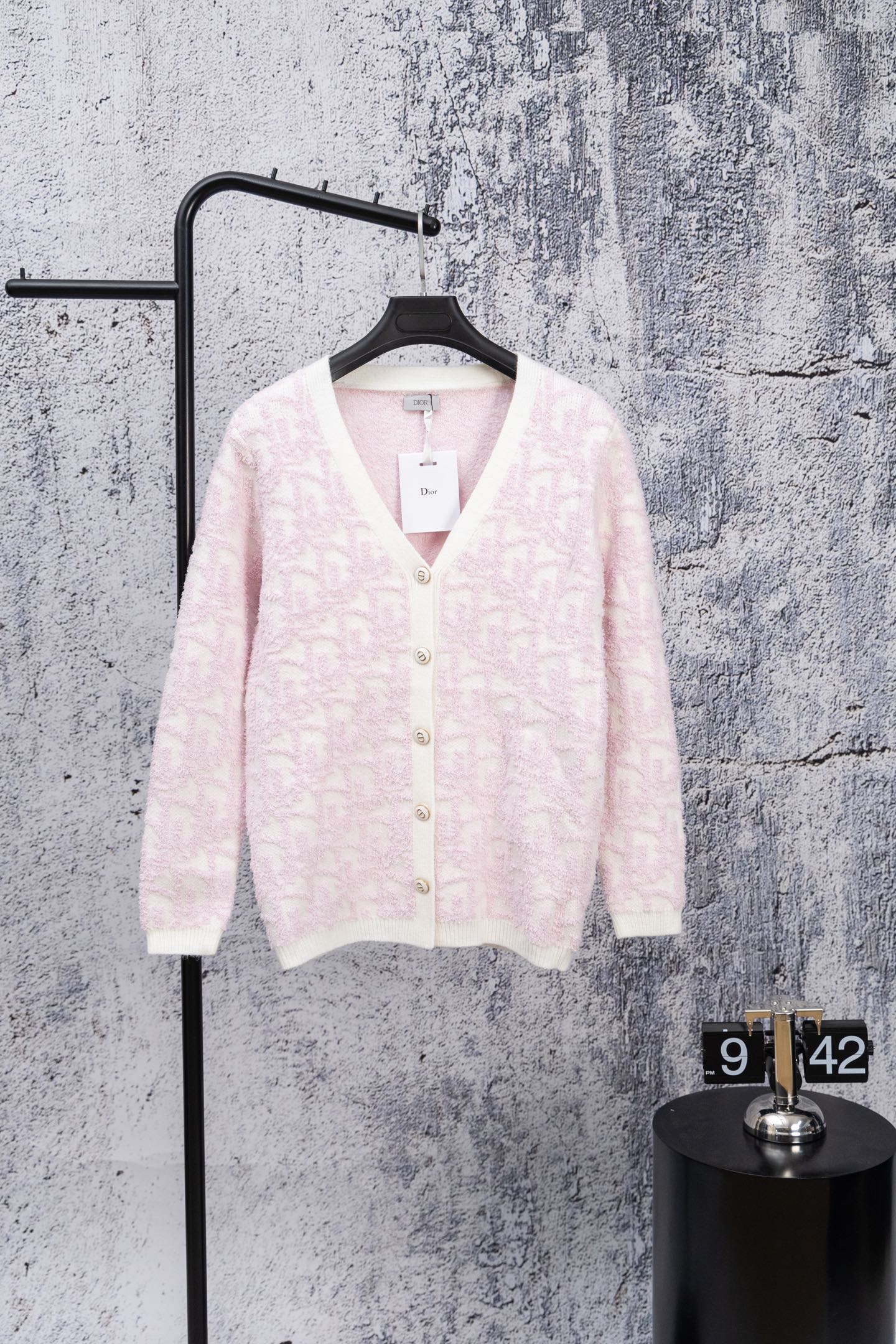 Dior long-sleeve cardigan, pale pink textured knit with button front and V-neck