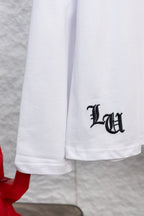 White long-sleeve T-shirt with black "LU" letter print on the lower front