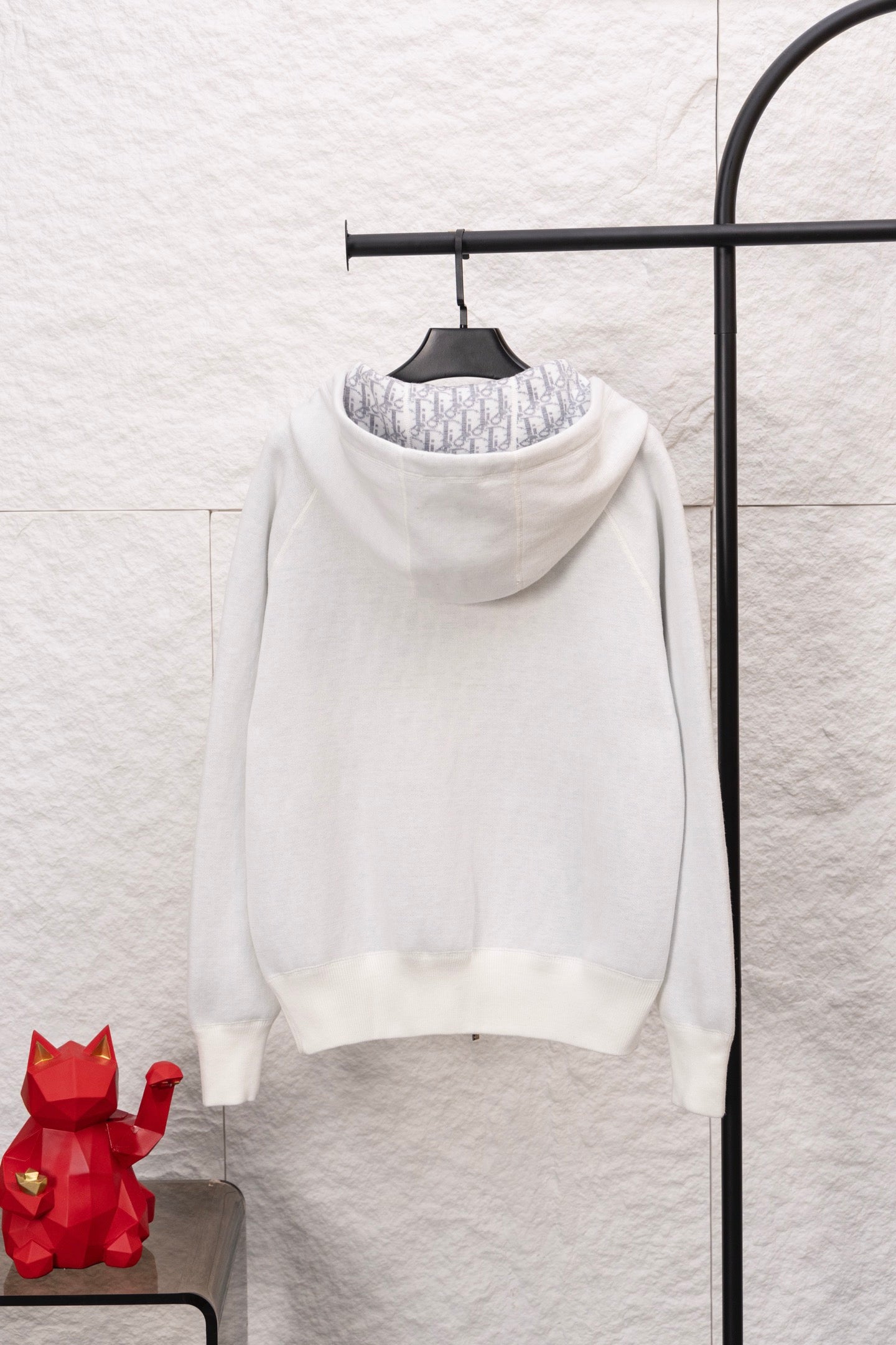 Dior monogram zip hoodie back view, white hood with ribbed hem