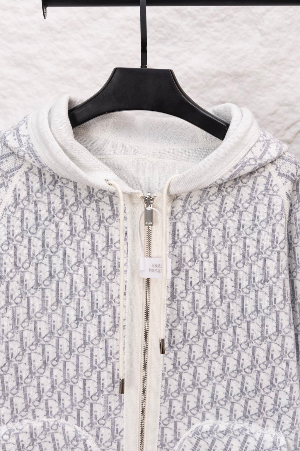 Dior monogram zip hoodie close-up, front zipper and hood lining