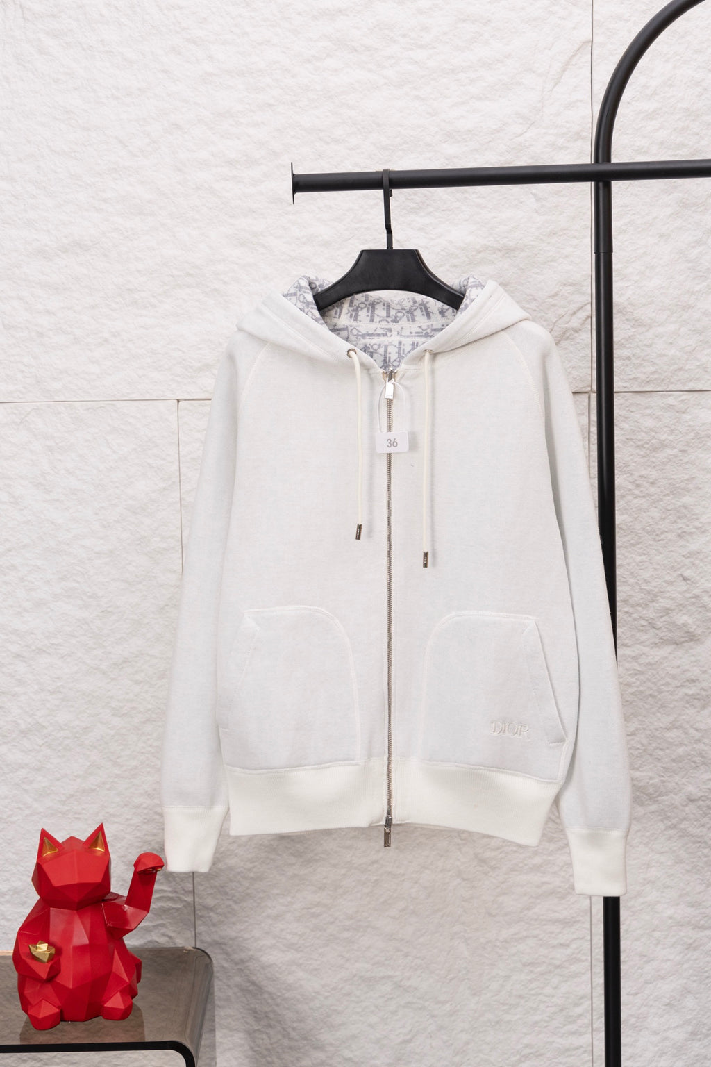 Dior monogram zip hoodie, white, hood with drawstrings and front pockets
