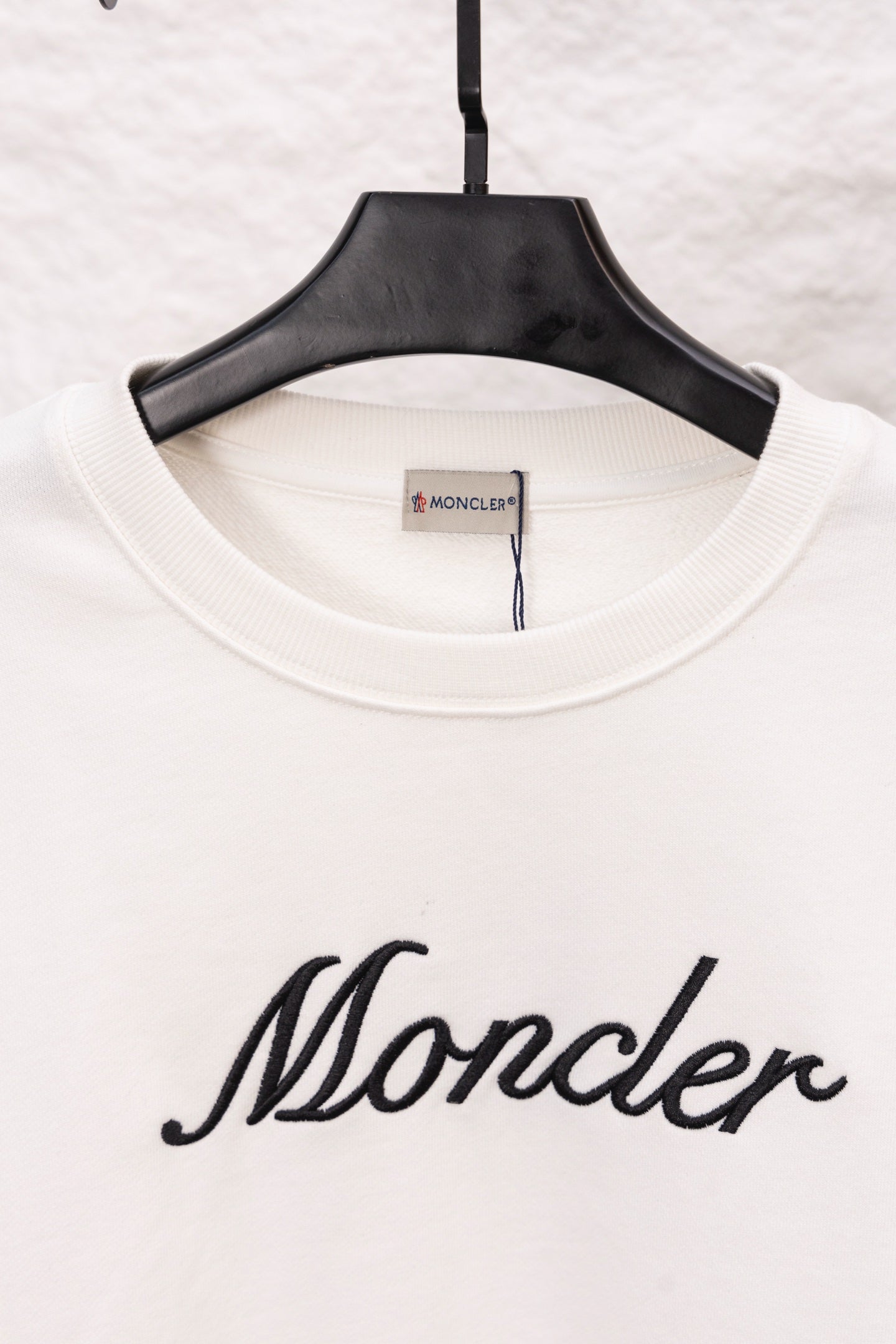 Moncler long-sleeve sweatshirt neckline, white, with Moncler logo