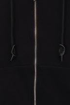 Black hoodie front close-up with zipper and drawstring details