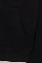 Black hoodie with curved pocket seam and ribbed hem cuff