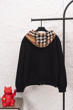 Black zip hoodie with plaid hood lining, back view