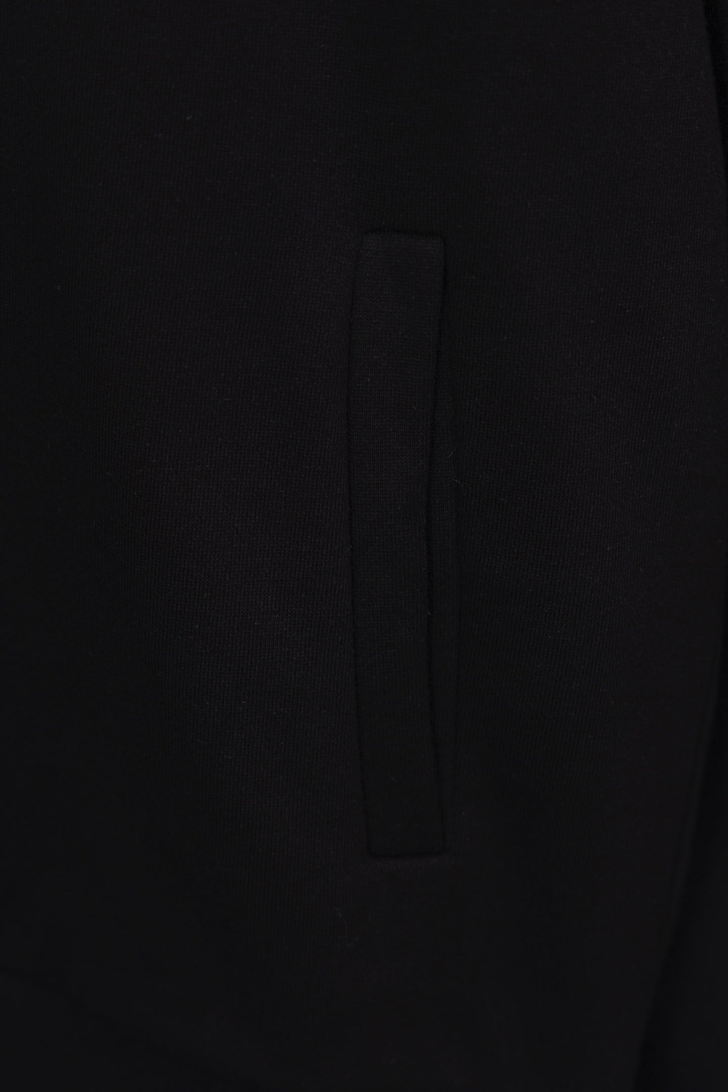 Black hoodie pocket with vertical seam detail on the front side
