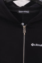 Black hoodie with zipper and hood pull charm; logo graphic on right chest