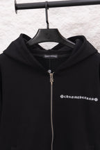 Black zip-up hoodie with hood and metal-tone zipper pull; logo graphic on chest