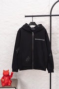Black zip-up hoodie with hood, front zipper, and small logo graphic at chest