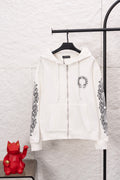 White zip-up hoodie with hood, front pocket, and circular logo on the left chest