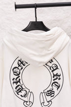 White zip-up hoodie back view with hood and large circular graphic