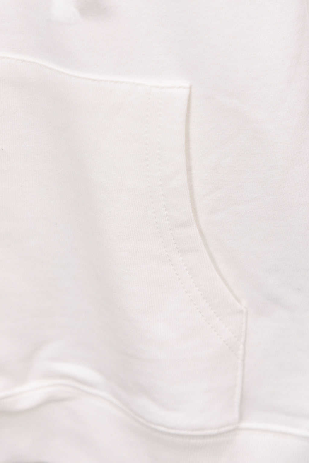 White zip hoodie front panel with kangaroo pocket seam detail