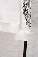 White zip-up hoodie cuff close-up with bold vertical sleeve graphic