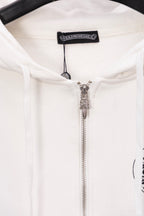 White long-sleeve zip hoodie with silver zipper and drawstring hood