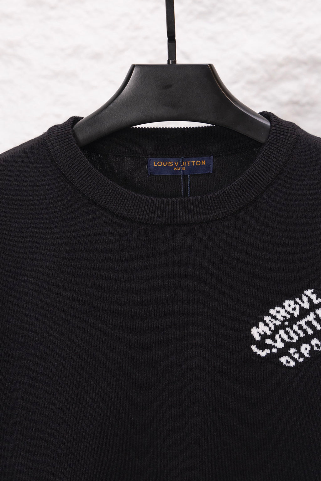 Black Louis Vuitton sweatshirt neckline with ribbed crew neck and inner logo label