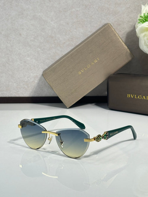 Bvlgari sunglasses with blue-tinted lenses, green temples, and gold-tone detail