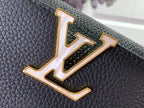 Louis Vuitton LV gold logo plaque on black textured leather handbag