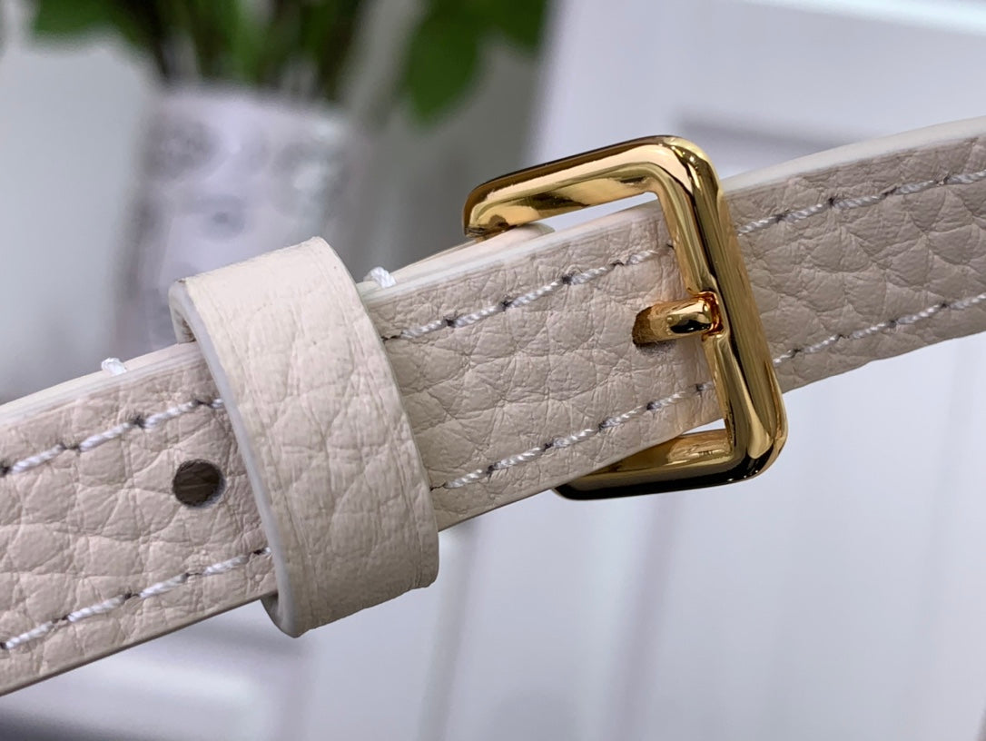 White leather crossbody strap with gold-tone buckle and metal connector