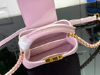 Louis Vuitton bag interior view, light pink leather with strap and gold buckle
