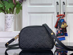 Louis Vuitton monogram crossbody bag, front view with adjustable strap and gold hardware