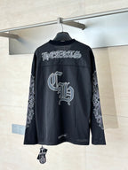 Chrome short long-sleeve jersey top with back logo print and V-neck in dark charcoal