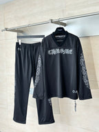 Chrome short long-sleeve jersey top and jogger pants set, dark charcoal, printed graphics