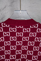 Gucci knit sweater collar and upper back in burgundy with repeating white GG pattern