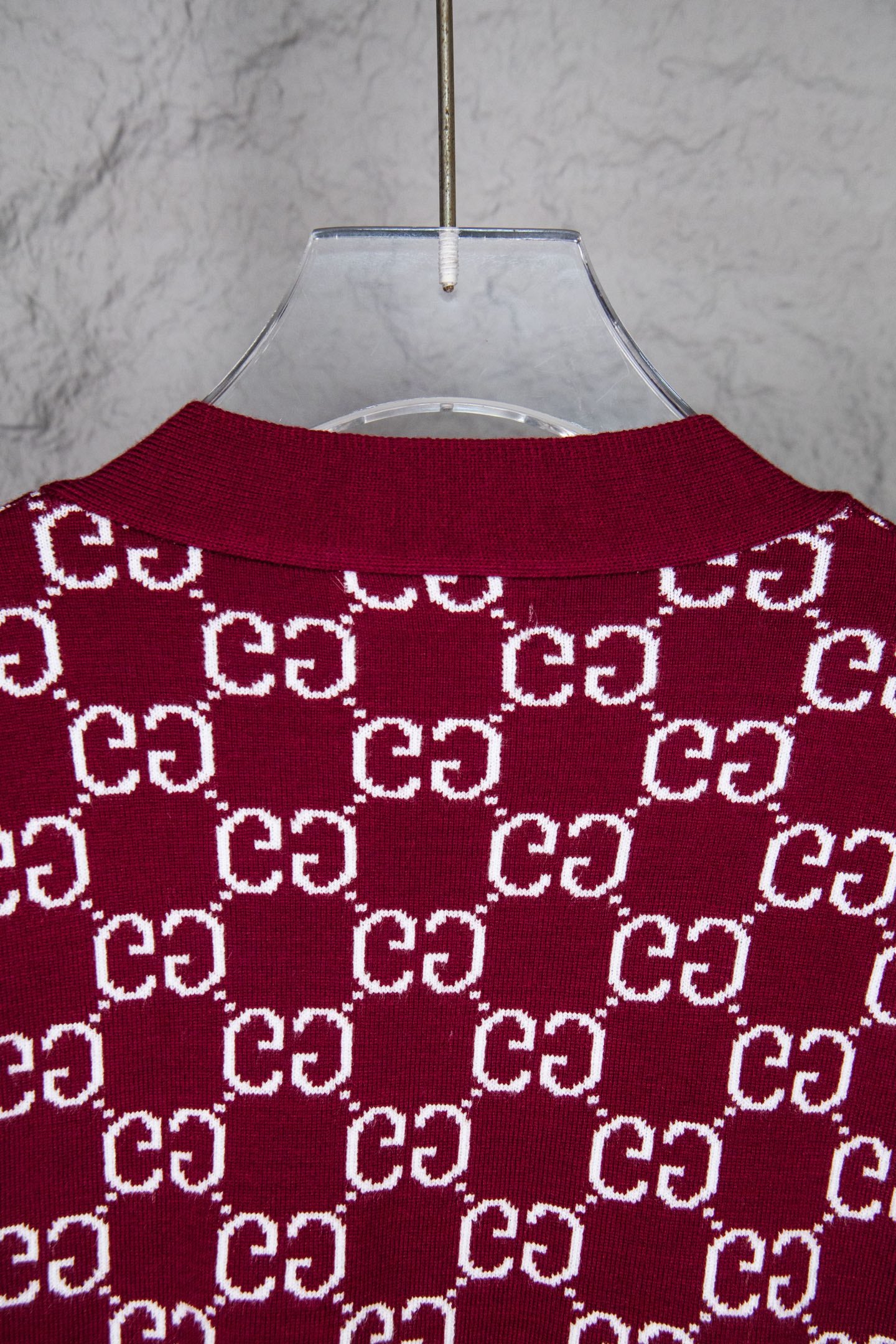 Gucci knit sweater collar and upper back in burgundy with repeating white GG pattern