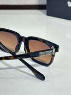 Chrome glasses close-up with dark tortoise frame, amber lenses, engraved temple bar