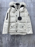 Moncler long white puffer jacket with faux fur hood and front zipper