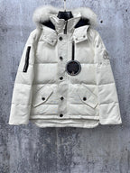 Moncler long white puffer jacket with faux fur hood and front zipper