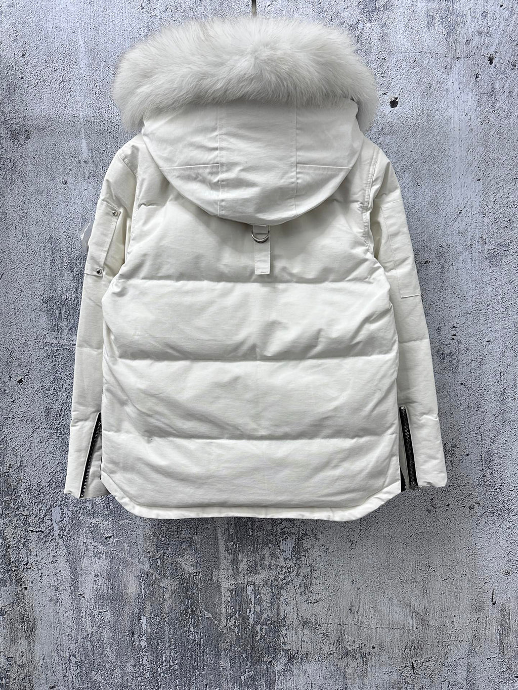 White long puffer jacket with attached hood, full back view, front zipper