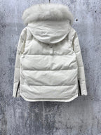 White long puffer jacket with attached hood, full back view, front zipper