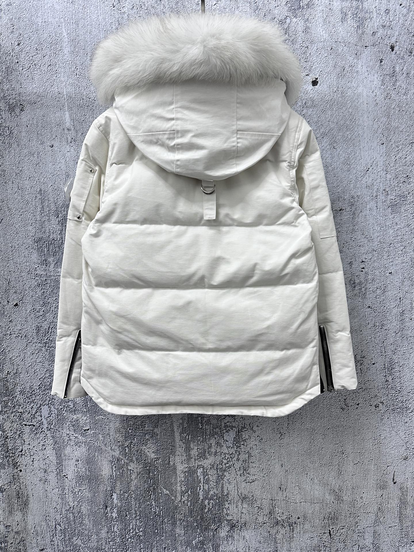 White long puffer jacket with attached hood, full back view, front zipper