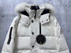 White long puffer jacket with fur-trim hood, snap front, stand collar, zipper