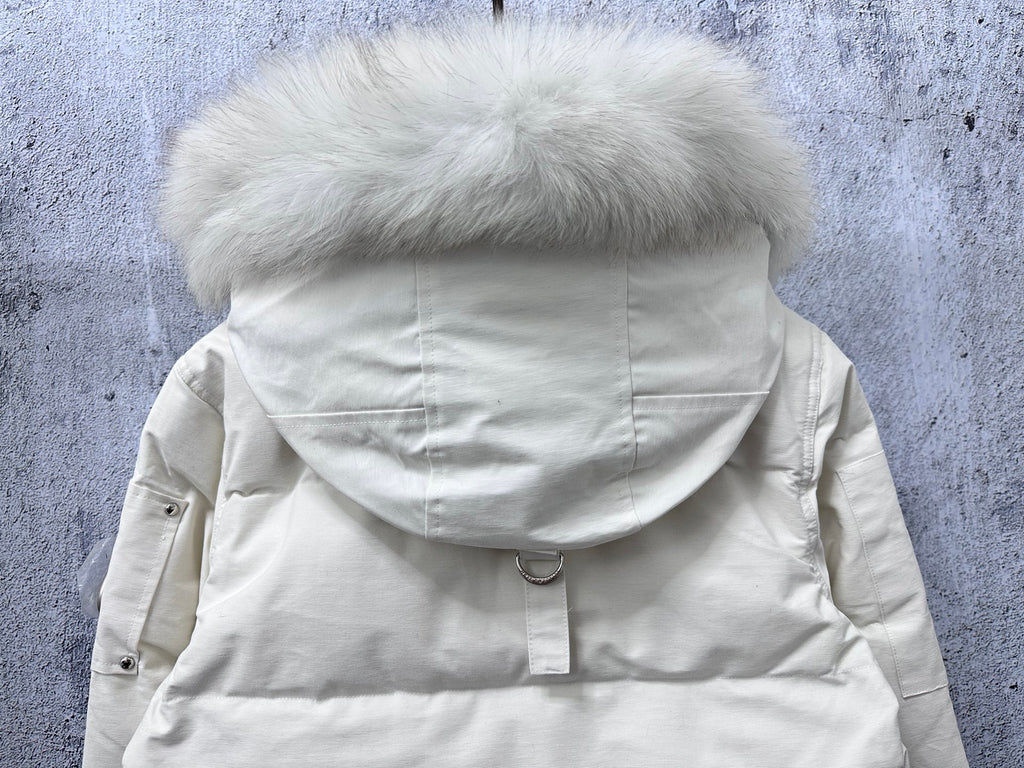 White puffer jacket with fur-trim hood, back view, snap placket
