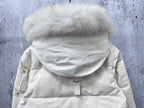 White puffer jacket with fur-trim hood, back view, snap placket