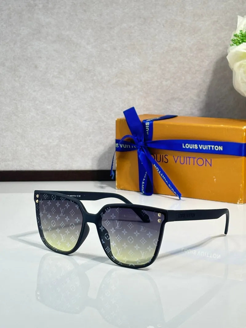 Dark monogram sunglasses with gray-tinted lenses and black square frames.