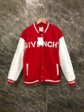 Givenchy red varsity jacket with white sleeves and button front