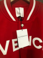 Givenchy red varsity jacket collar with white striped trim and logo print