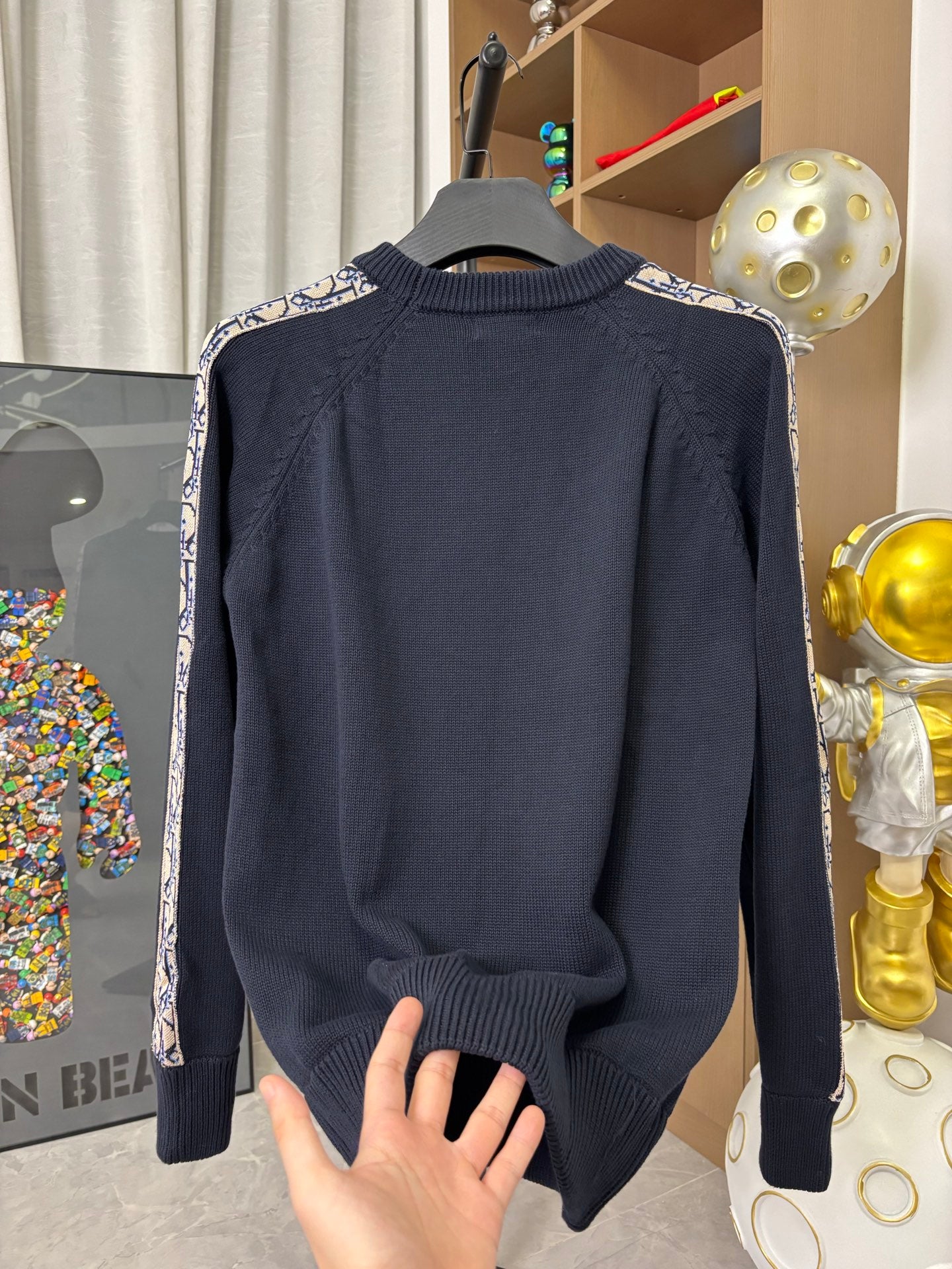 Dior long-sleeve knit sweater in dark navy, plain back with ribbed hem
