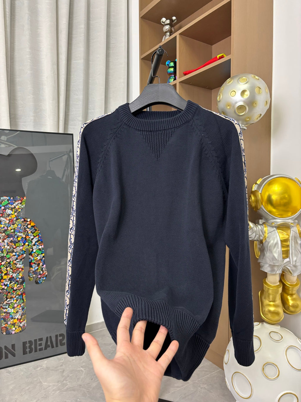 Dior long-sleeve knit sweater, dark navy, ribbed cuffs and hem
