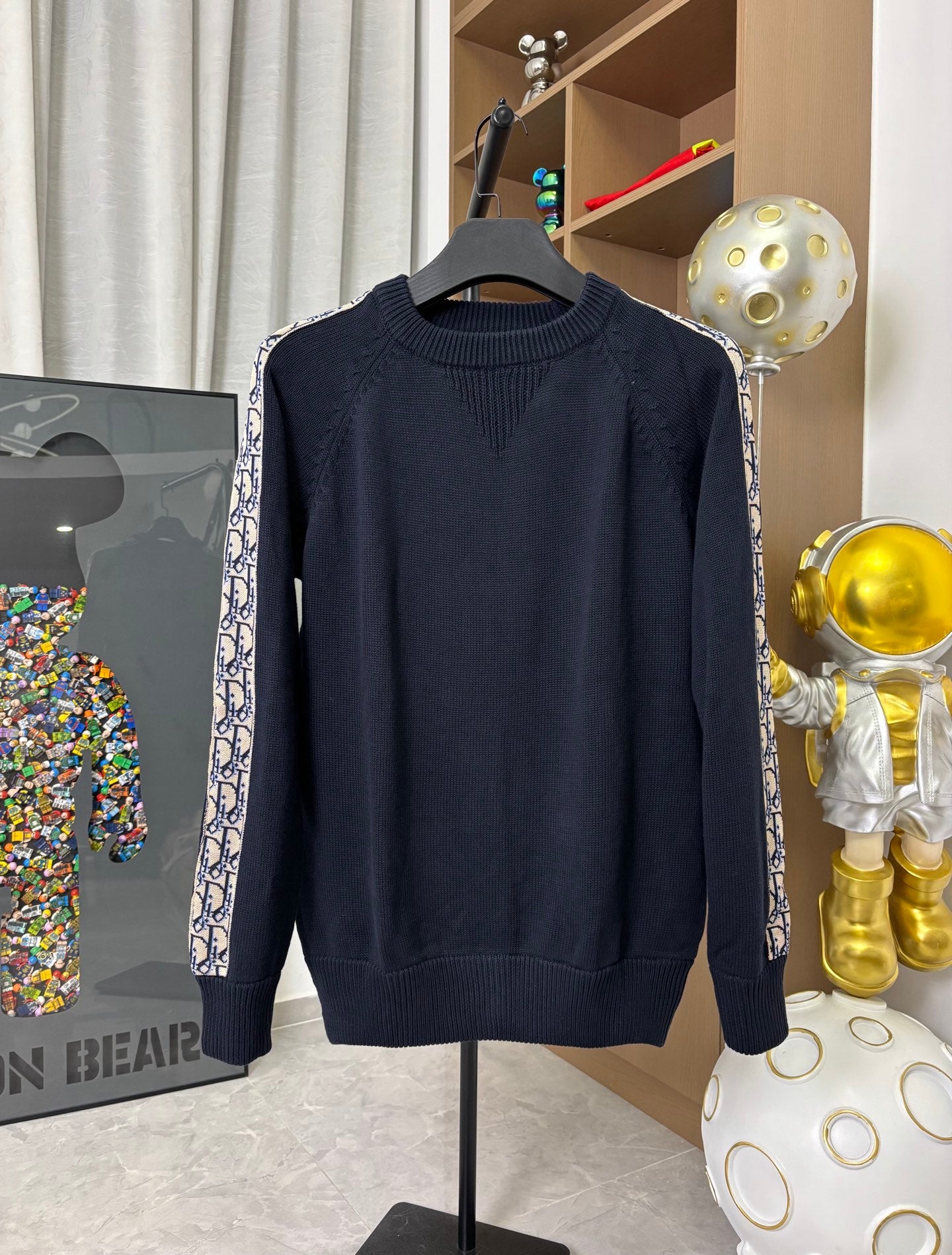Dior long-sleeve knit sweater in dark navy with ribbed crew neckline